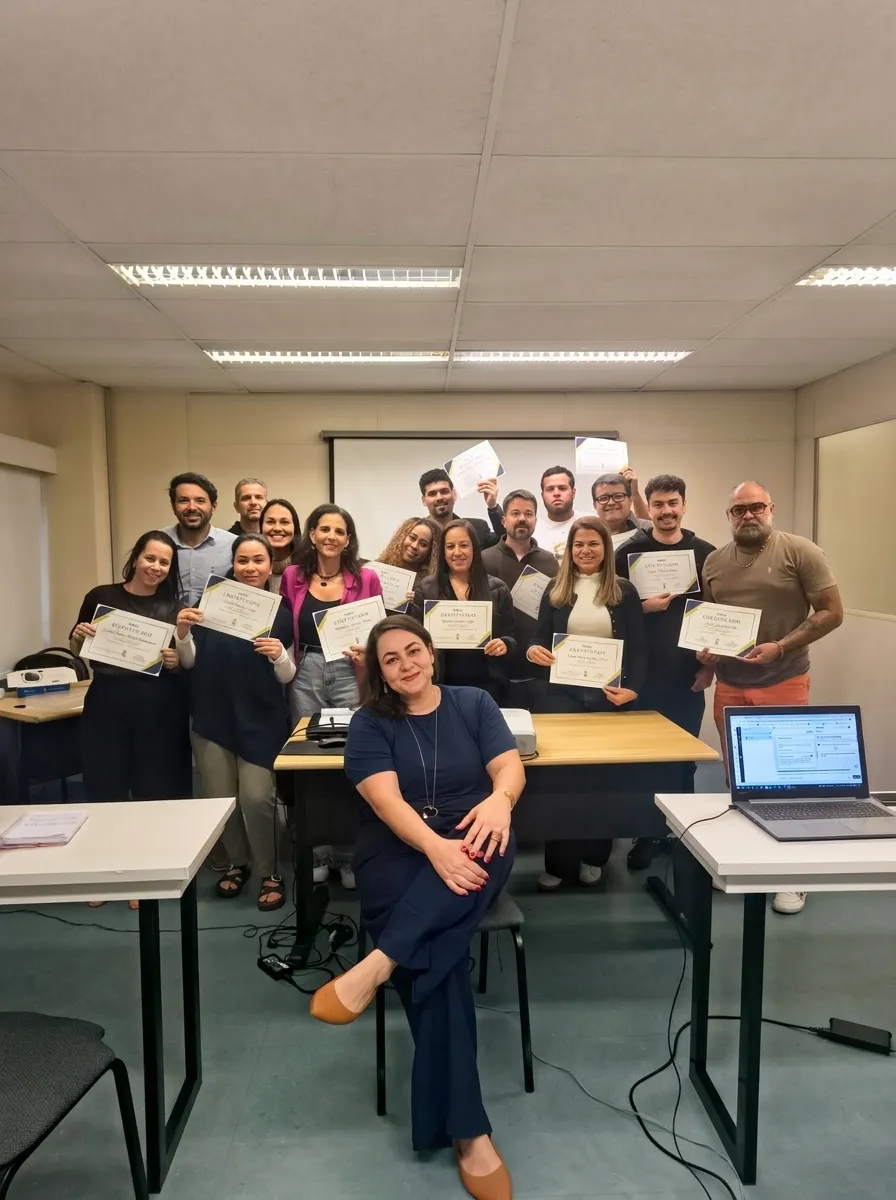 Turma formada exibindo certificados da Foco